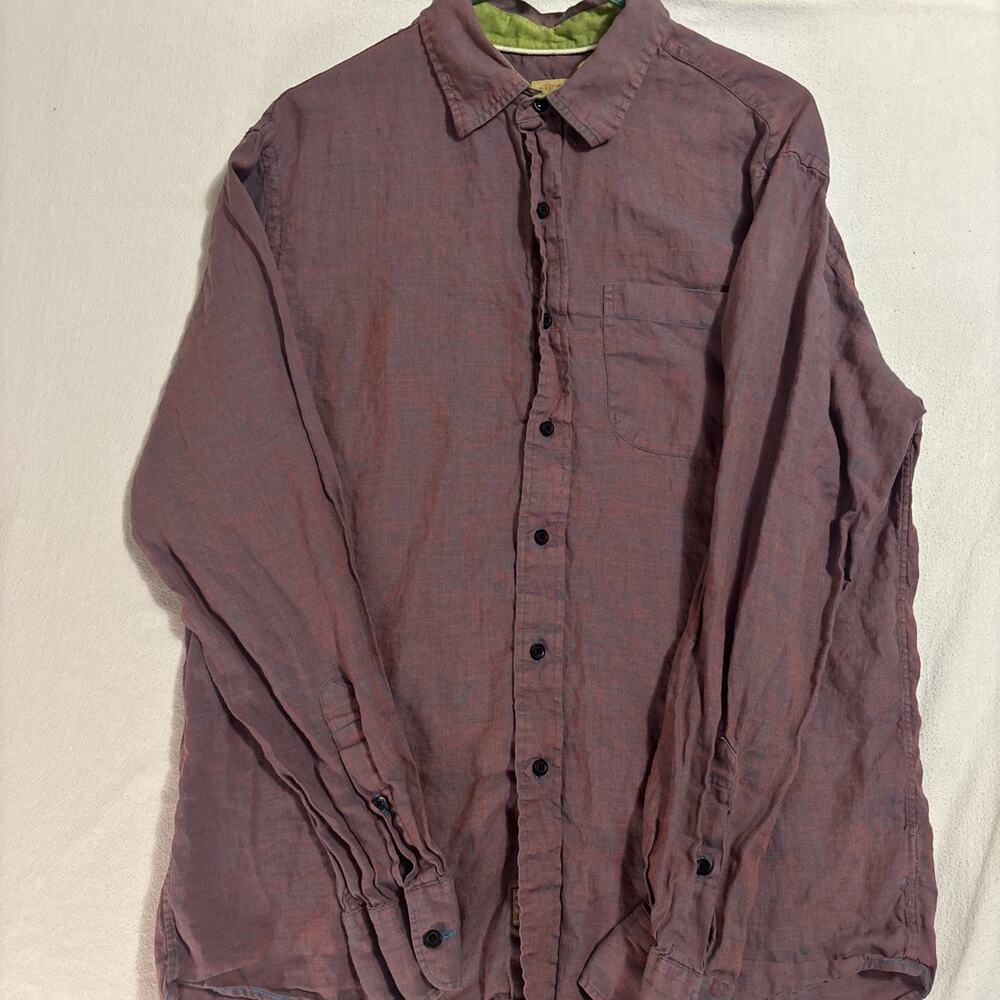 Trevero Mens Large 100% Linen Button Down Shirt Purple Red Blue Long Sleeve L
